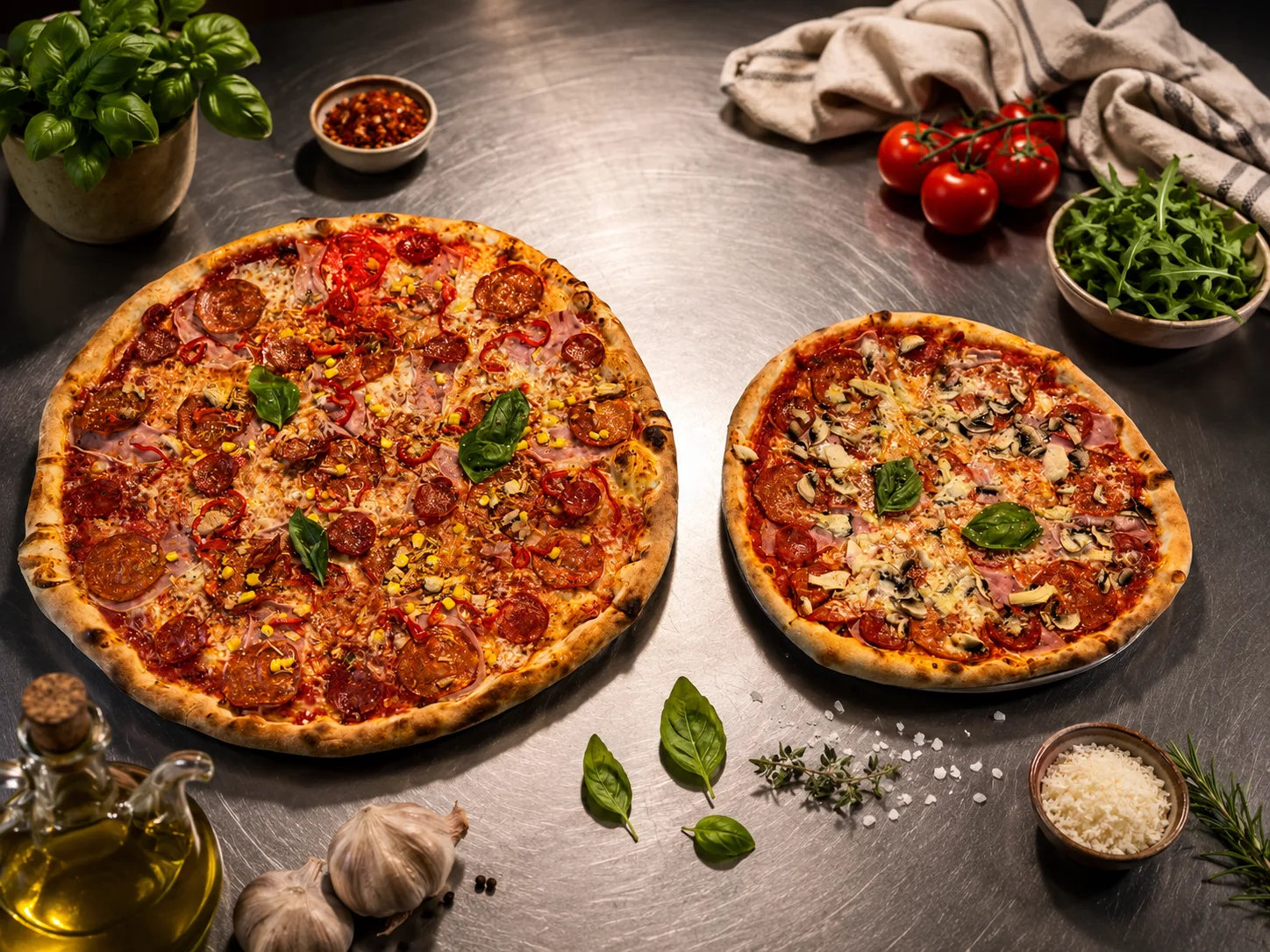 Dvě pizzy z pece s čerstvými ingrediencemi
